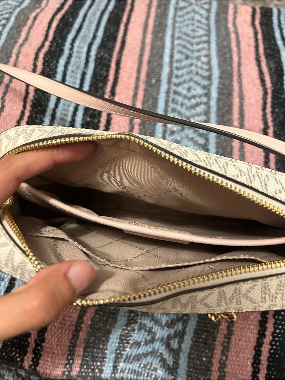 Michael Kors Pink and Vanilla MK Logo Crossbody with Gold Chain